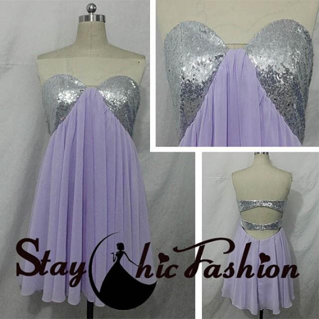 wedding photo - Lavender Short Sequined Bust Strapless Open Back Homecoming Dresses 2015, Juniors Strapless Purple Short Cutout Back Chiffon Prom Dress