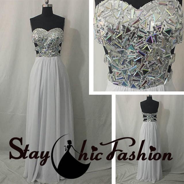 wedding photo - 2015 Sexy Cutout Sides White Rhinestones Beaded Top Long Strapless Prom Dress, Womens White Sparkly Top Cutout Waist Strapless Formal Dress