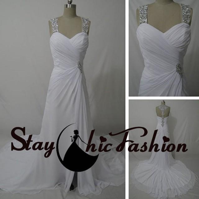 wedding photo - Sequined Straps White Long Pleated Bust Jeweled T-strap Back Slit Wedding Bridal Dress, White Shirred Bust Chiffon Trumpet Formal Dresses