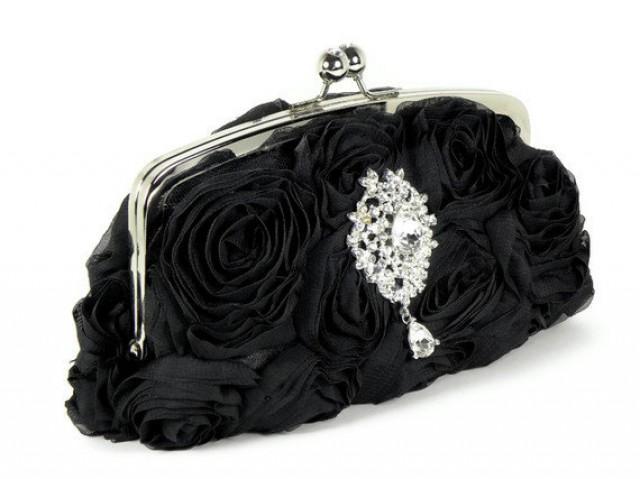 Black Clutch, Black Bridal Clutch, Bridesmaids Clutch, Wedding Clutch, Black Evening Bag with Swarovski Crystal Brooch