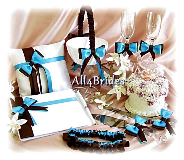 wedding photo - Wedding Flower Girl Basket, Ring Pillow, Guest Book, Bridal Garter Set, Cake Set, Flutes  9pc Turquoise and Chocolate Brown