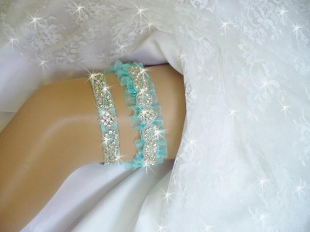 Light Turquoise Blue Wedding Garter Set, Lt. Turquoise Garter, Bling Bridal Garter Belts