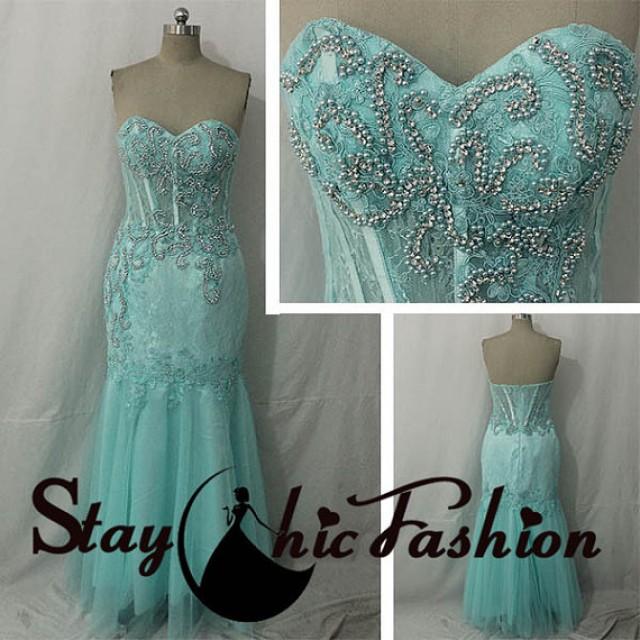 wedding photo - Elegant Blue Pearls Rhinestones Beaded Top Illusion Waist Strapless Lace Evening Gown 2015, Womens Blue Lace Appliqued Beaded Formal Dress
