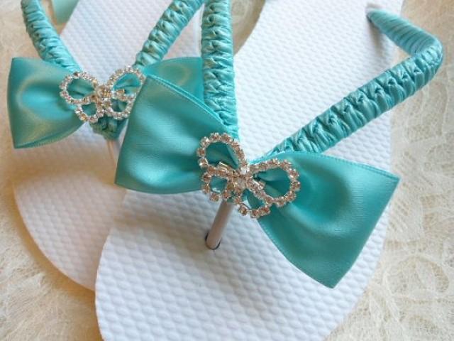 Aqua Blue Wedding Sandals. Bridal Flip Flops Decorated W/ Rhinestone Butterfly. Maid Of Honor Gift, Beach Wedding. Bridesmaids Colors