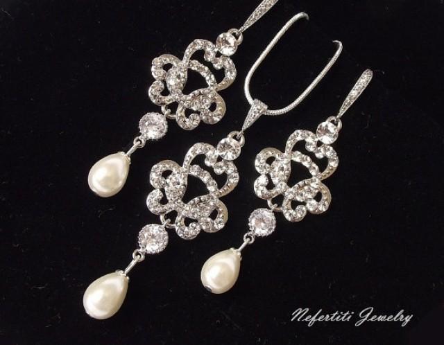 wedding photo - Wedding jewelry set, Vintage style bridal jewelry set,pearl bridal necklace & earring set,pearl bridal jewelry,swarovski crystal wedding set