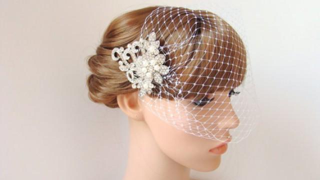 wedding photo - Birdcage Veil Ivory - Blusher Veil - Wedding Bird cage Veil - French Netting Bridal Headpiece - Rhinestone Fascinator - Bridal Hair Comb