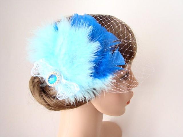 wedding photo - Blue Headpiece - Something Blue - Blue Fascinator Birdcage Veil - Feather Fascinator - 1920s Headpiece - Blue Bridal Clip Veil - Dolly