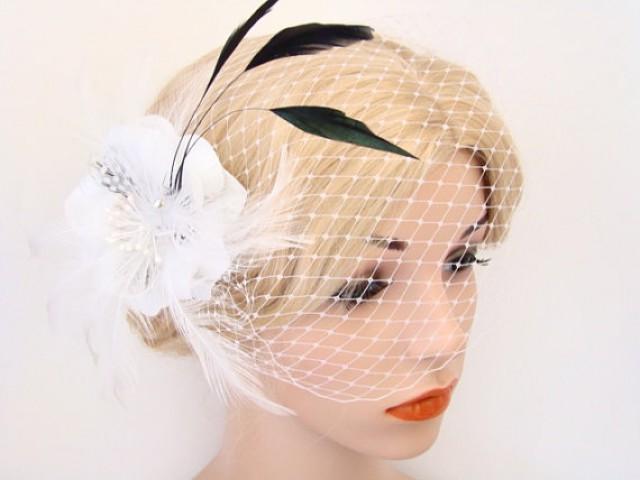 wedding photo - Birdcage Veil with Feather Fascinator - Veil with Feather Hair Clip - Feather Headpiece Veil - Bird cage Veil - Bandeau Veil - Bridal Veil