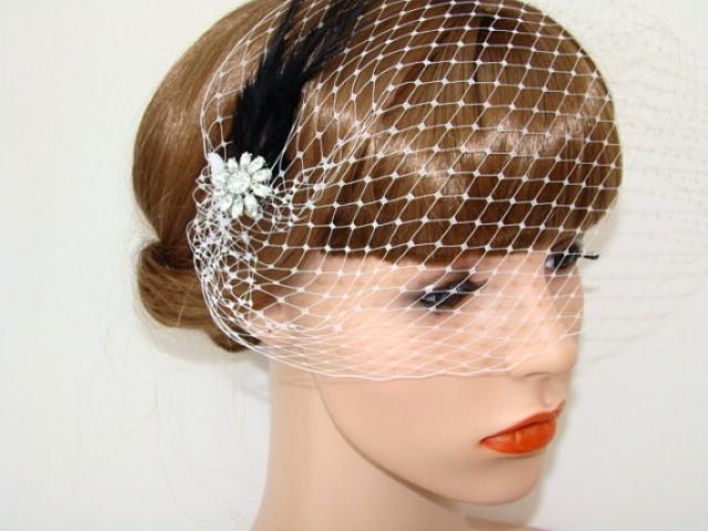 wedding photo - Birdcage Veil - Black Feather Bridal Fascinator - Bridal Headpiece - 1920s Gatsby Hair Accessories
