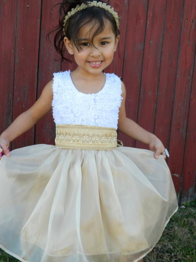 wedding photo - White and Gold Flower Girl Dress for Little Girl