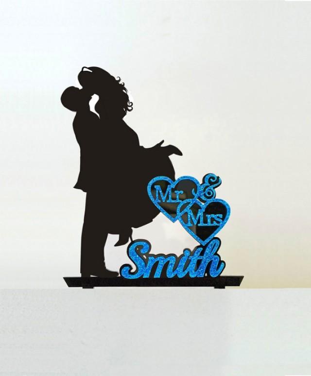 wedding photo - Dazzling Unique Wedding Cake Topper Silhouette with Name and Mr & Mrs in Glitter, Bling Acrylic Cake Topper [CT4tg]