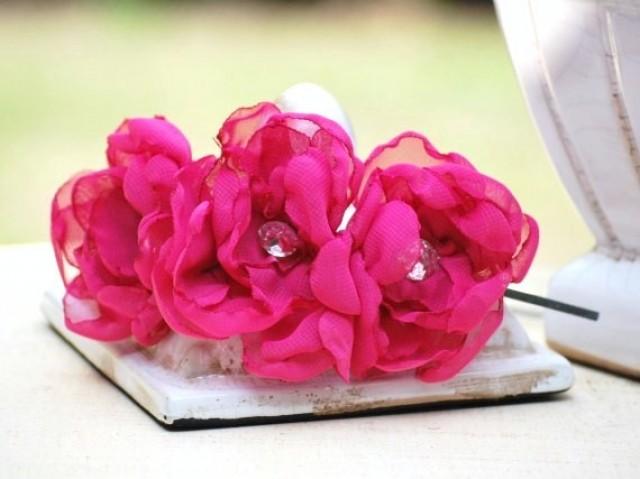 Fuchsia Flowers Headband. Organza &amp; Rhinestone Gem. Spring Summer Fashion, Hot Pink Bride Bridal Party Bridesmaid. Couture Garden Garland