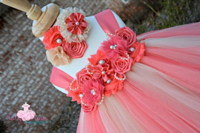wedding photo - 5%OFF champagne and coral tutu dress, beige and coral tutu dress, coral flower girl dress, coral tutu dress