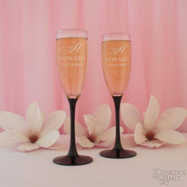 wedding photo - Black Tie Affair Personalized Wedding Champagne Toasting Flutes with Couples Monogram Design Options and Font Selection (Set of Two - 7 oz.)