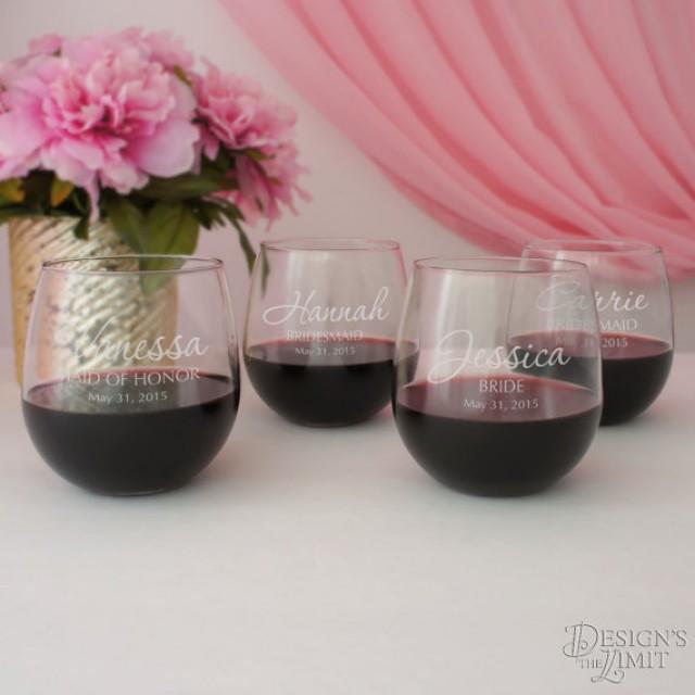 wedding photo - Stemless Personalized Wine Glass with Engraved Bridal Party Monogram Design Options & Font Selection with Gift Wrap Option