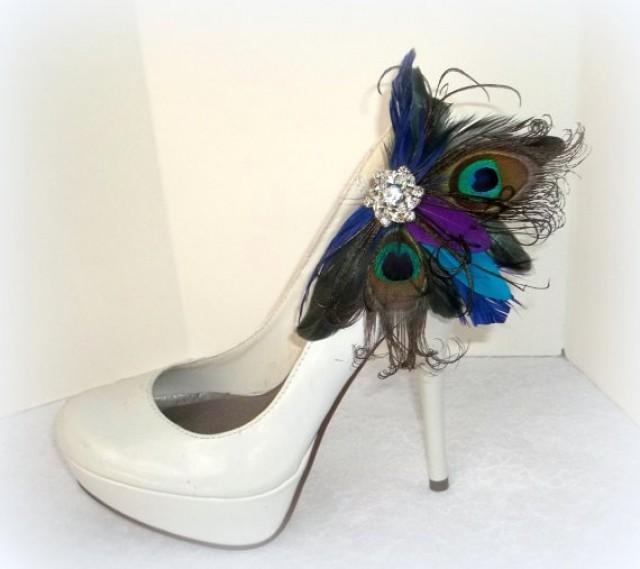 wedding photo - Bridal Shoe Clips - Bright Peacock Feathers, Shoe Clips, Feathered Shoe Clips, Wedding Shoe Clips