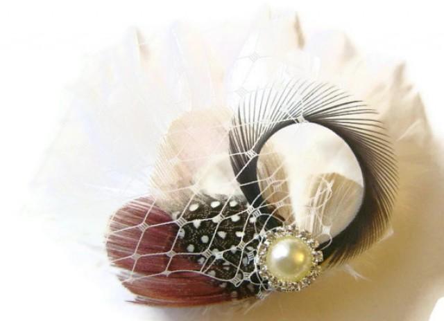 wedding photo - ROSE, SLATE, and CHAMPAGNE Peacock Feather Clip Rhinestone Elegant Bridal  Wedding Fascinator Clip with Ivory Veil