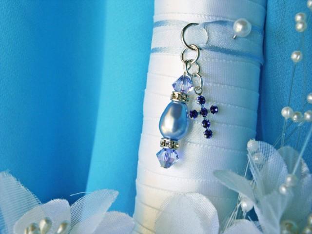 wedding photo - Something Blue Wedding Bouquet Charm Swarovski Crystals Pearls Sapphire Cross