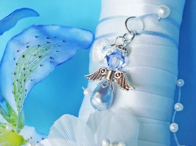 wedding photo - Something Blue Wedding Bouquet Charm Swarovski Crystal and Pearl Angel Bridal Gift
