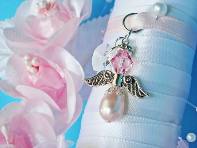 wedding photo - Pink Wedding Angel Bouquet Charm Swarovski Pink Crystal and Pearl Bridal Bouquet