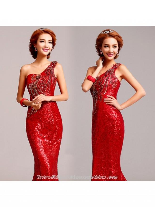 wedding photo - Burgundy red sequin embroidered 3D floral Chinese bridal wedding dress one shoulder mermaid trailing evening gown