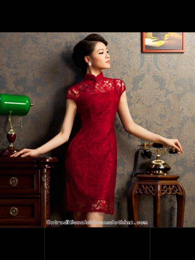wedding photo - Burgundy red floral lace modern qipao short Chinese cheongsam dress