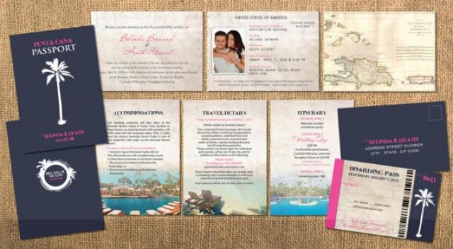 Destination Passport Wedding Invitations  // Traditional Blue Cover White Palm Tree // Ticket to Paradise // Boarding Pass Reply Cards