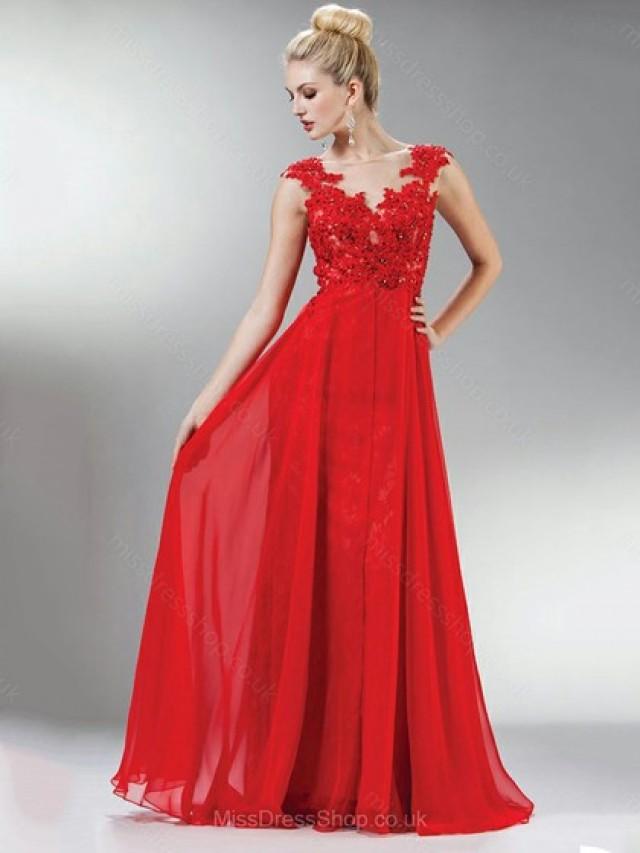 wedding photo - A-line Scoop Neck Chiffon Tulle Sweep Train Appliques Lace Prom Dresses