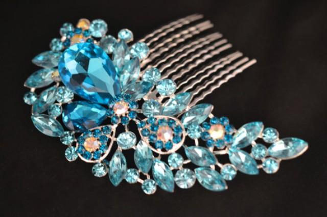 wedding photo - Vintage Style Silver Blue Diamante Crystal Hair Comb Fascinator Slides Wedding