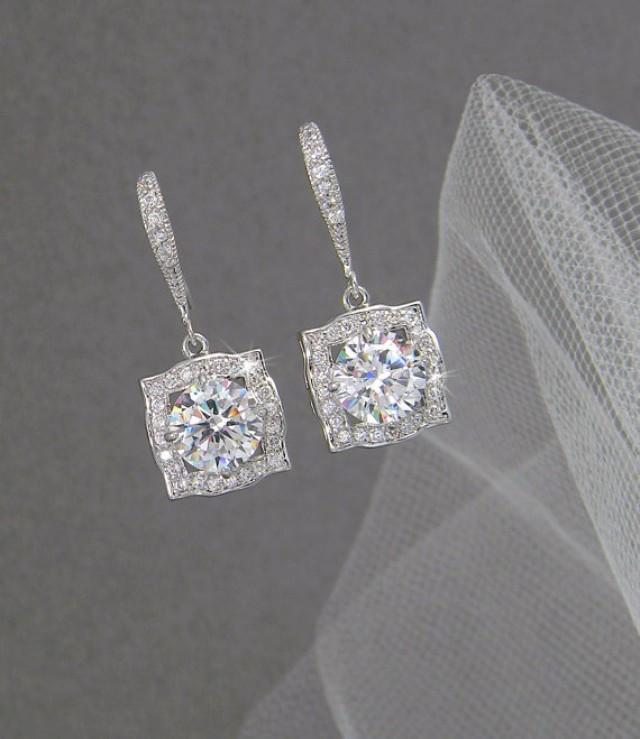 wedding photo - Bridal Earrings, Square Swarovski Crystal wedding earrings Rhinestone  Bridesmaids, Adrienne Bridal Earrings