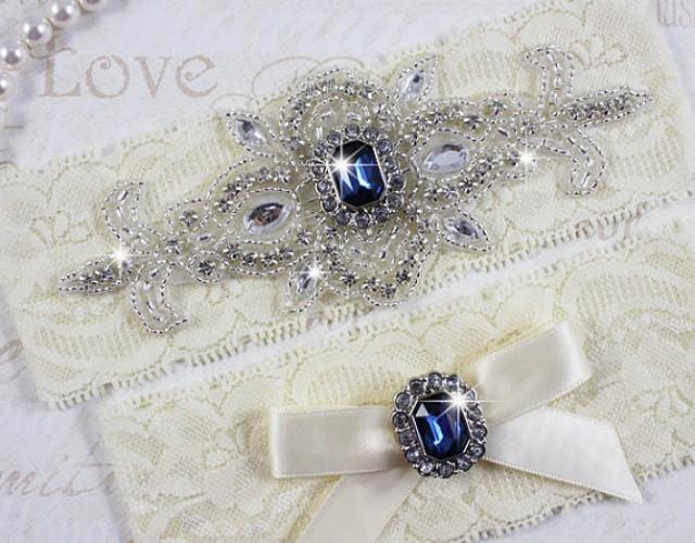 wedding photo - MADRID II - Sapphire Blue Wedding Garter Set, Ivory Lace Garter, Rhinestone Crystal Bridal Garters, Something Blue