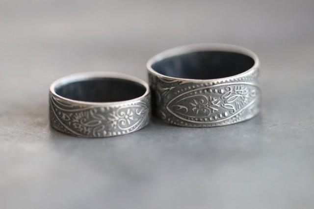 wedding photo - His and Hers Wedding Bands, PAISLEY, Wedding Rings, Embossed, Sterling Silver, Rustic, Promise Rings, Engagement Rings