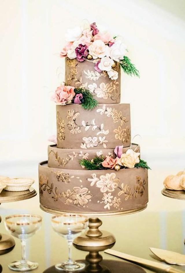 wedding photo - Formal Taupe-and-Gold Wedding Cake