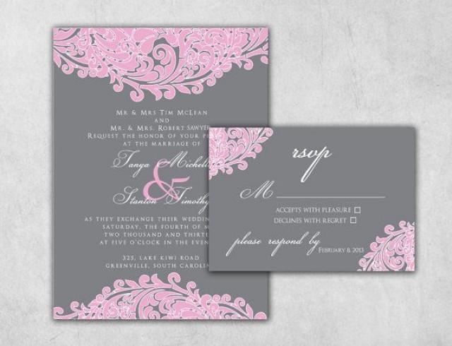 wedding photo - Pink And Grey Custom Wedding Invitation Set Including Invitation & RSVP - Response Card