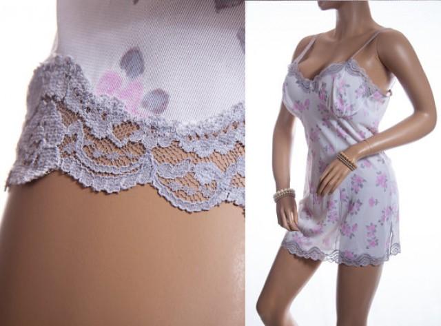 wedding photo - Lovely 1960's vintage sheer soft white, pink and grey floral design Perlon and delicate silver grey lace detail mini slip petticoat - 3316