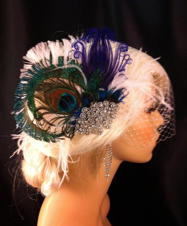Feather Bridal Fascinator, Feather Fascinator, Purple Peacock, Bridal Fascinator, Rhinestone Hair clip, Wedding Veil, Fascinator