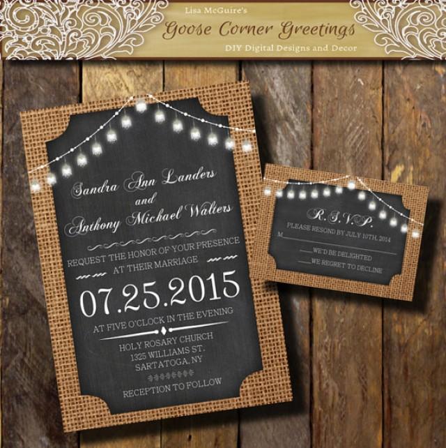 wedding photo - BURLAP Wedding Invitation// Bell String Lights//Chalkboard//Rustic wedding invitations//Shower//Birthday//Baby Shower