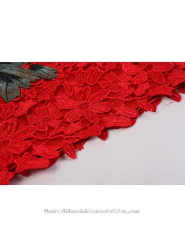 wedding photo - Red lace embroidered 3D peony floral modern short qipao mini Chinese cheongsam dress
