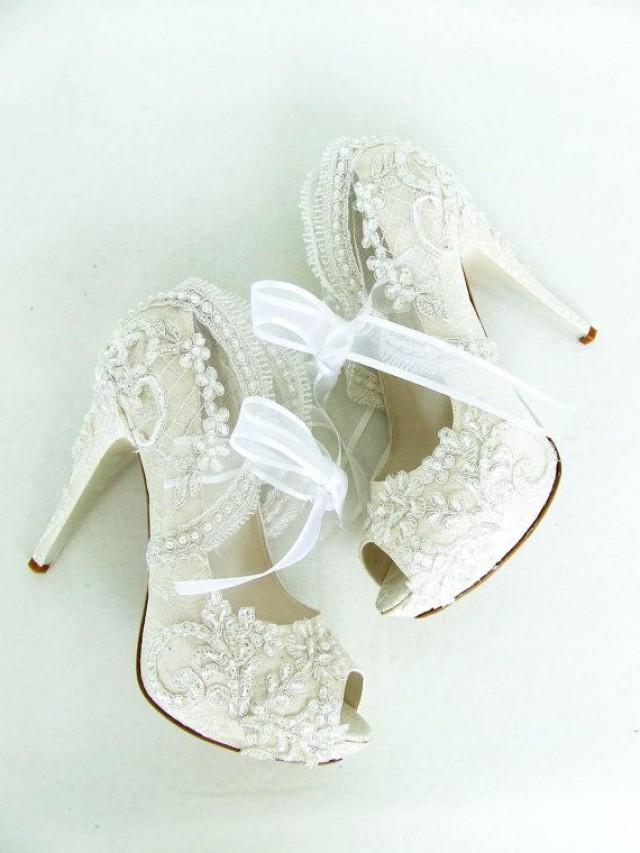 wedding photo - Embroidered Lace Bridal Shoes With Pearls In Ivory,5"Heels Peep Toes- Elegant Wedding Shoes