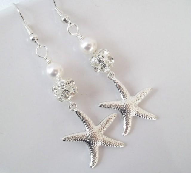 Starfish Earrings,Beach Nautical Jewelry,Destination Wedding Jewelry,Bridal Starfish Earrings,Silver Starfish,Rhinestone Starfish Earrings