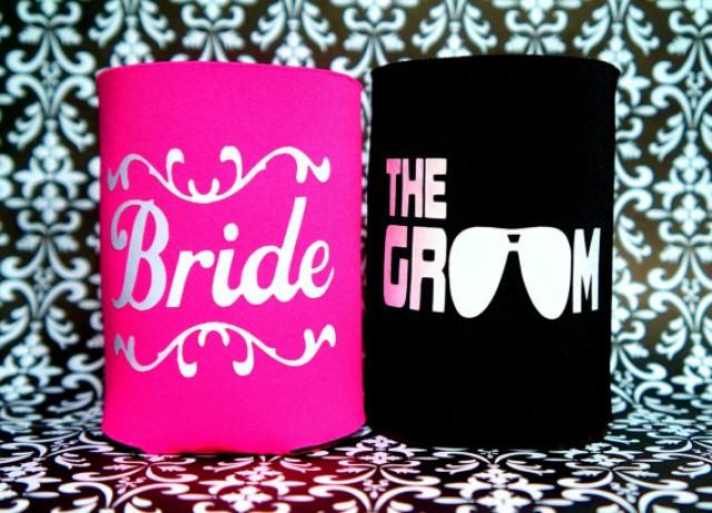wedding photo - Bride and Groom Koozie Gift Set. Bride and Groom Koozies. Wedding Day Koozies. Honeymoon Koozies. 2 Koozies. Choose Koozie & Vinyl Colors.