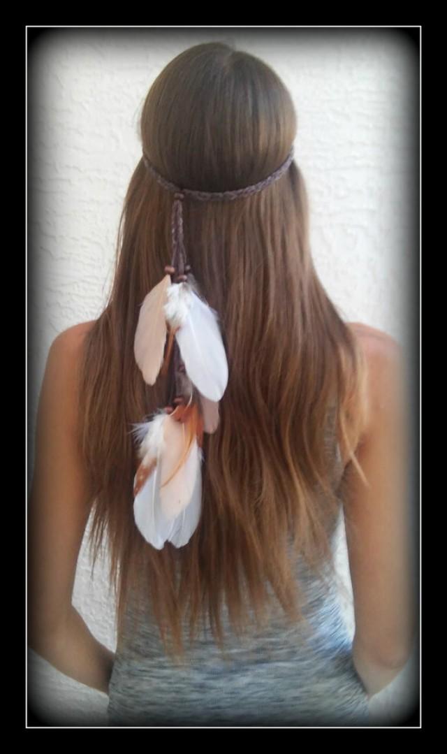 wedding photo - Native American, Feather HeadBand, wedding, white feather headband, feather headpiece, feather hair, free people, natural, nature, whimsical