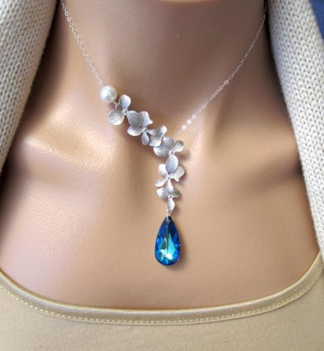 wedding photo - Silver Orchids Pearl and Bermuda Blue Swarovski Crystal Necklace - Mother's Day Gift, Bridal, Everyday Jewelry, Bridesmaid Gift, Statement