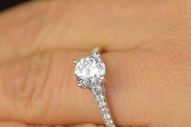wedding photo - Lola, Moissanite, Diamond, and Gold Engagement Ring - Slight Taper and Delicate Milgrain