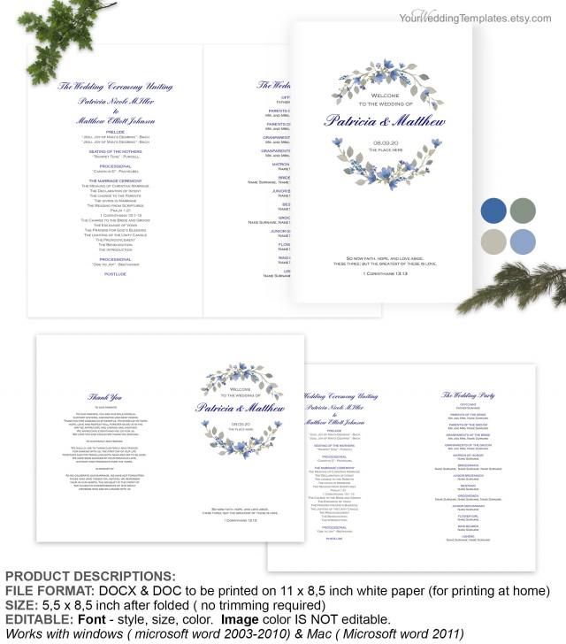 wedding photo - Afforable blue floral Rustic watercolor wedding program cover template