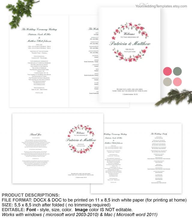 wedding photo - Pink floral  wreath watercolor wedding program cover template