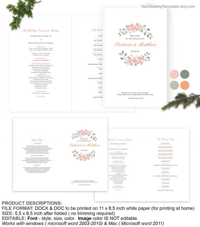 wedding photo - Peach watercolor floral wedding program cover template