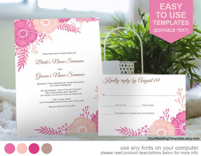 wedding photo - Peach and pink botanical floral style invitation template