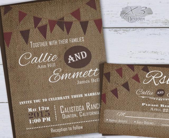 wedding photo - Fall Rustic Wedding Invitation w/ Wine Bunting Flags 