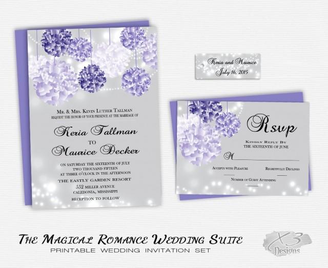 wedding photo - Purple Outdoor String Lights Wedding Invitation Suite- Romantic Country Printable Wedding Invitation w/ Lavender Hanging Flowers DIY